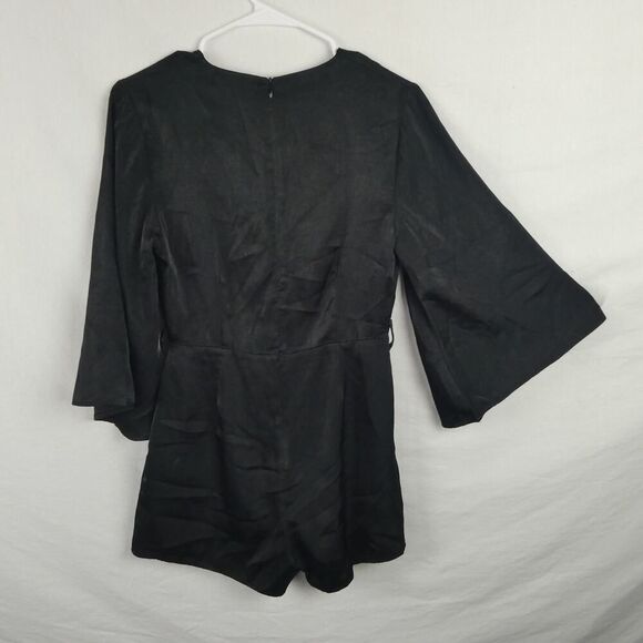 Missguided Black Plunge V Neck 3/4 Sleeve Satin Romper Lined Size 4 Party Zip - Picture 10 of 11